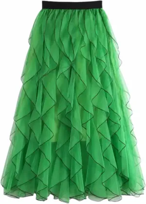 Women's Ruffled mesh Pleated midi Skirt, Elasticated high Waist Tulle Skirts