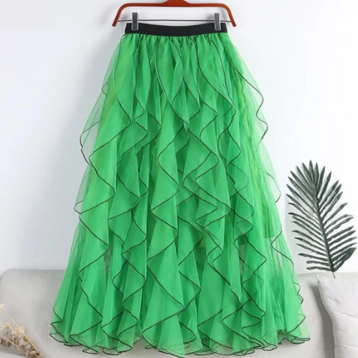 Women's Ruffled mesh Pleated midi Skirt, Elasticated high Waist Tulle Skirts