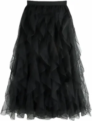 Women's Ruffled mesh Pleated midi Skirt, Elasticated high Waist Tulle Skirts