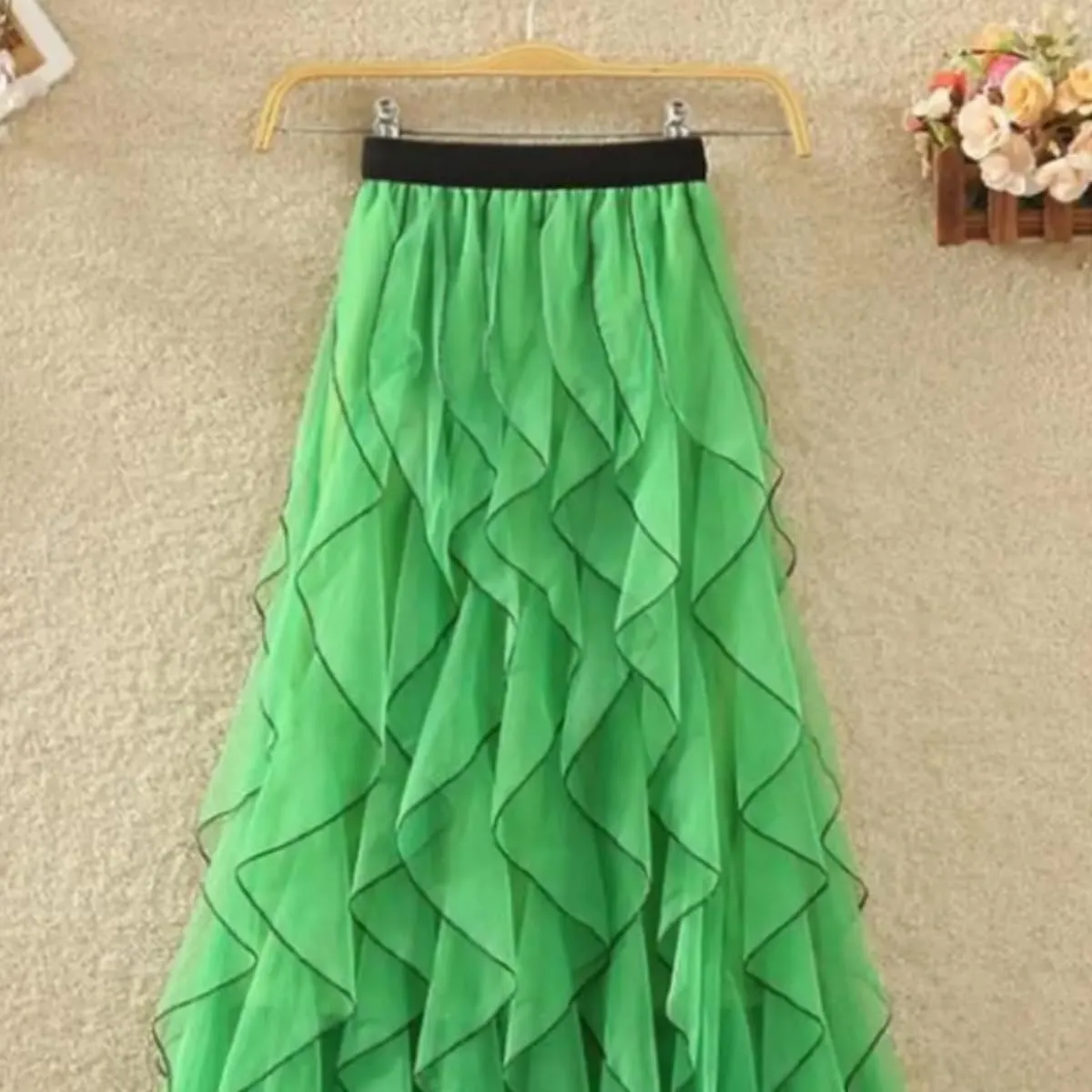 Women's Ruffled mesh Pleated midi Skirt, Elasticated high Waist Tulle Skirts