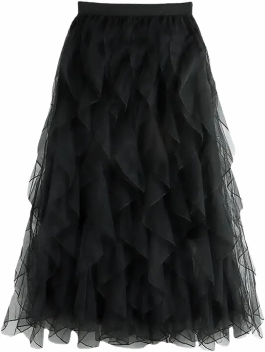 Women's Ruffled mesh Pleated midi Skirt, Elasticated high Waist Tulle Skirts
