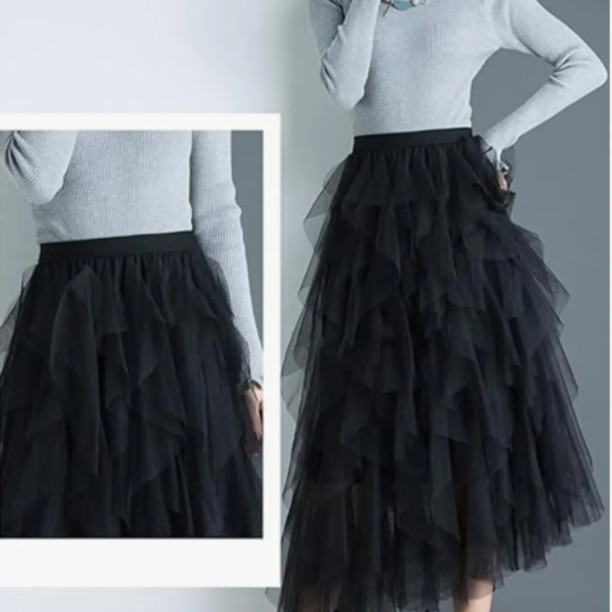 Women's Ruffled mesh Pleated midi Skirt, Elasticated high Waist Tulle Skirts