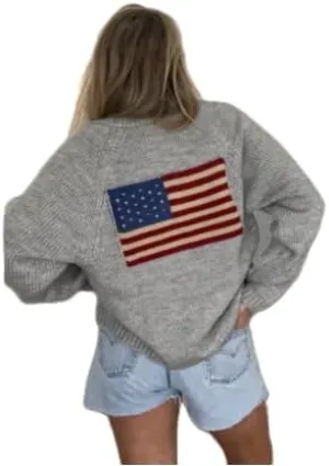 Women's Shawl Collar Cardigan Y2k Long Sleeve V Neck Flag Print Button Down Sweater Knit Tops Independence Outfit