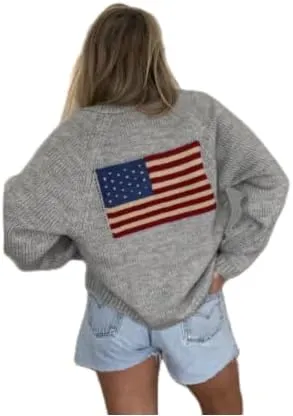 Women's Shawl Collar Cardigan Y2k Long Sleeve V Neck Flag Print Button Down Sweater Knit Tops Independence Outfit