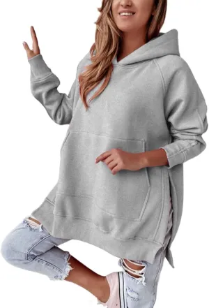 Women's Side Split Oversized Hoodies Sweatshirts Raglan Loose Fit Casual Solid Long Sleeve Pullover Tops with Kangroo Pocket