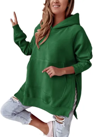 Women's Side Split Oversized Hoodies Sweatshirts Raglan Loose Fit Casual Solid Long Sleeve Pullover Tops with Kangroo Pocket