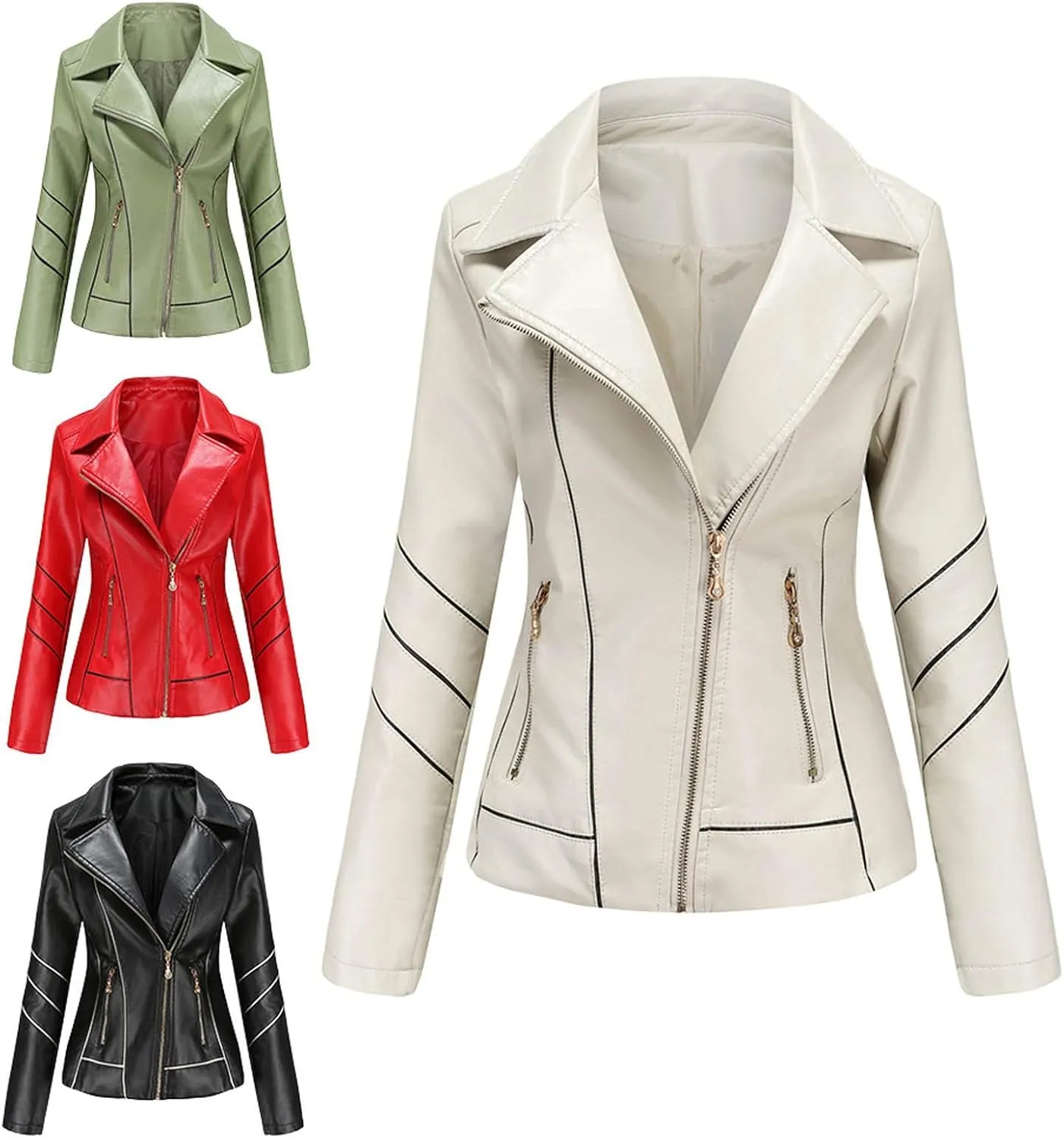 Women's Slim Leather Stand-Up Collar Zipper Stitching Solid Color Jacket Lightweight Casual Jacket Women