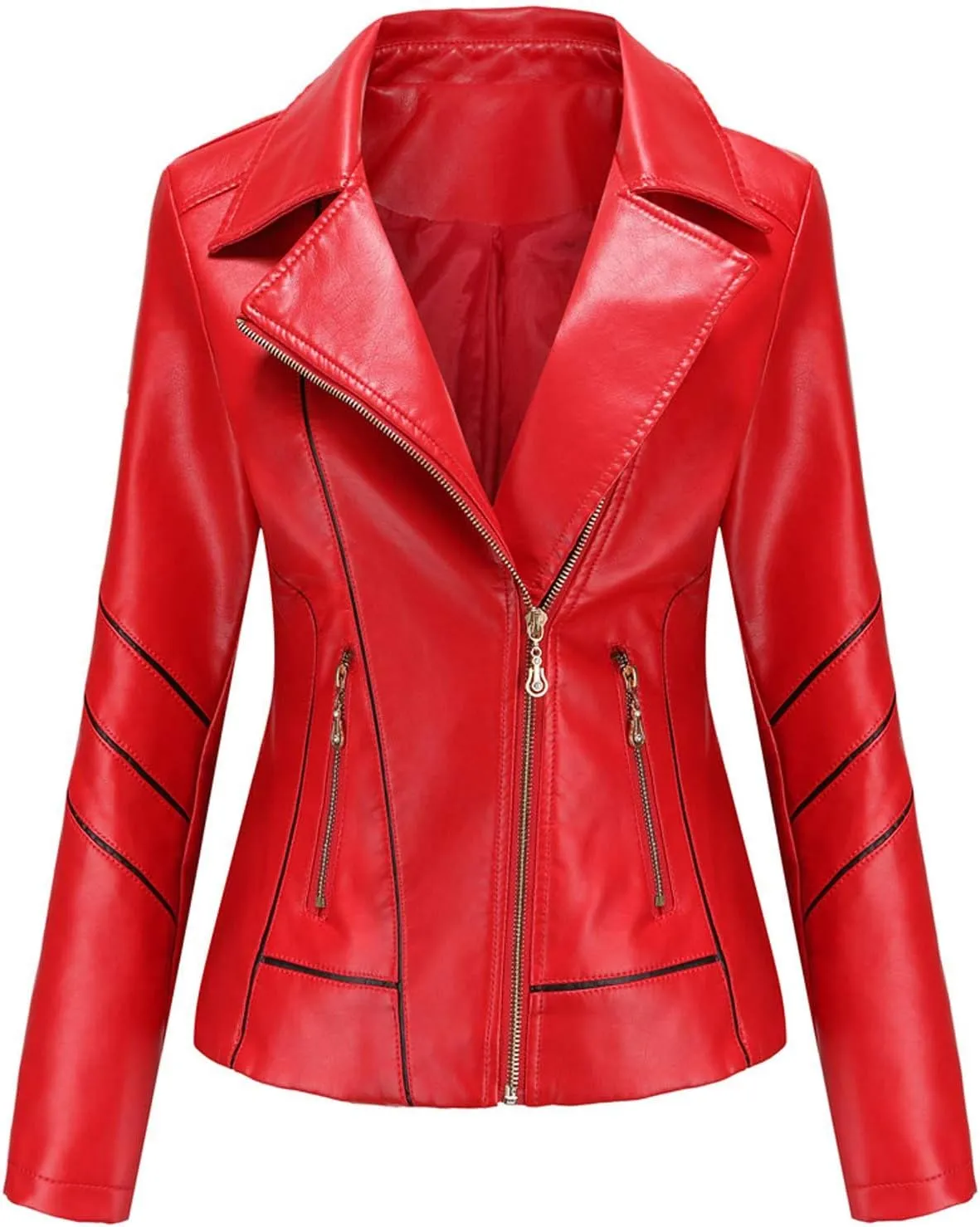 Women's Slim Leather Stand-Up Collar Zipper Stitching Solid Color Jacket Lightweight Casual Jacket Women