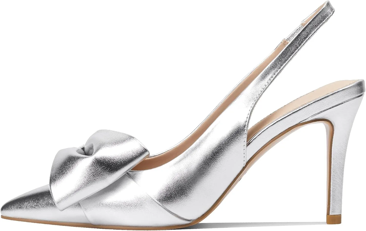 Women's Slingback Heels with Bow Leather Pointed Toe Pumps with Elasticated Strap 3.3" High Heels Evening Comfy Dress Shoes