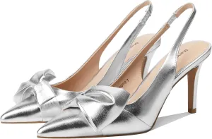 Women's Slingback Heels with Bow Leather Pointed Toe Pumps with Elasticated Strap 3.3" High Heels Evening Comfy Dress Shoes