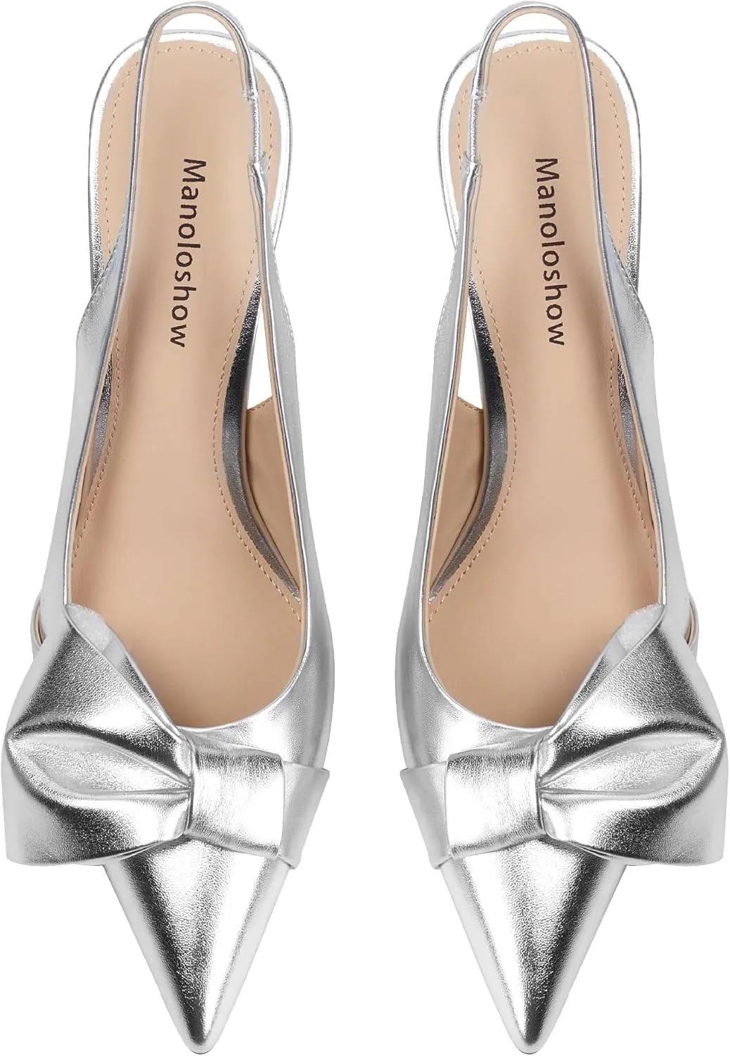 Women's Slingback Heels with Bow Leather Pointed Toe Pumps with Elasticated Strap 3.3" High Heels Evening Comfy Dress Shoes