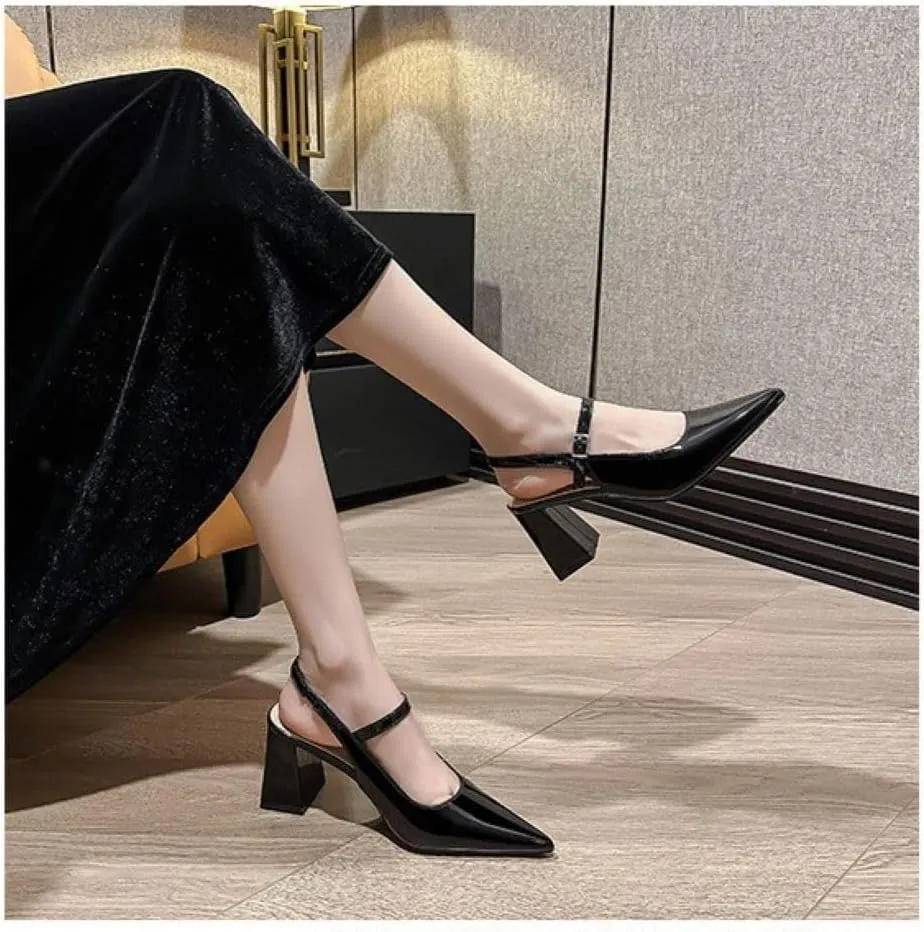 Womens Slingback Pumps with Ankle Strap, Block Chunky Heel Shoes Pointed Toe with Adjustable Buckle Strappy Heels Wedding Party Dress Shoes Work Pumps