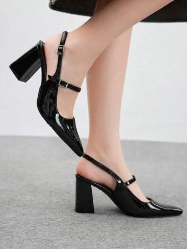 Womens Slingback Pumps with Ankle Strap, Block Chunky Heel Shoes Pointed Toe with Adjustable Buckle Strappy Heels Wedding Party Dress Shoes Work Pumps