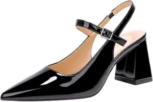 Womens Slingback Pumps with Ankle Strap, Block Chunky Heel Shoes Pointed Toe with Adjustable Buckle Strappy Heels Wedding Party Dress Shoes Work Pumps