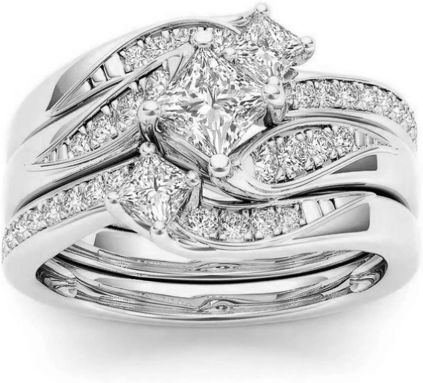 Women's Square Engagement Bridal Ring Set Gold Princess Cut 3 Stone Ring Simulation Diamond Ladies Matching Band