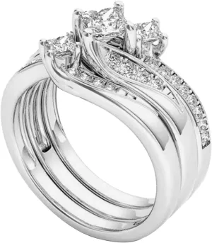 Women's Square Engagement Bridal Ring Set Gold Princess Cut 3 Stone Ring Simulation Diamond Ladies Matching Band