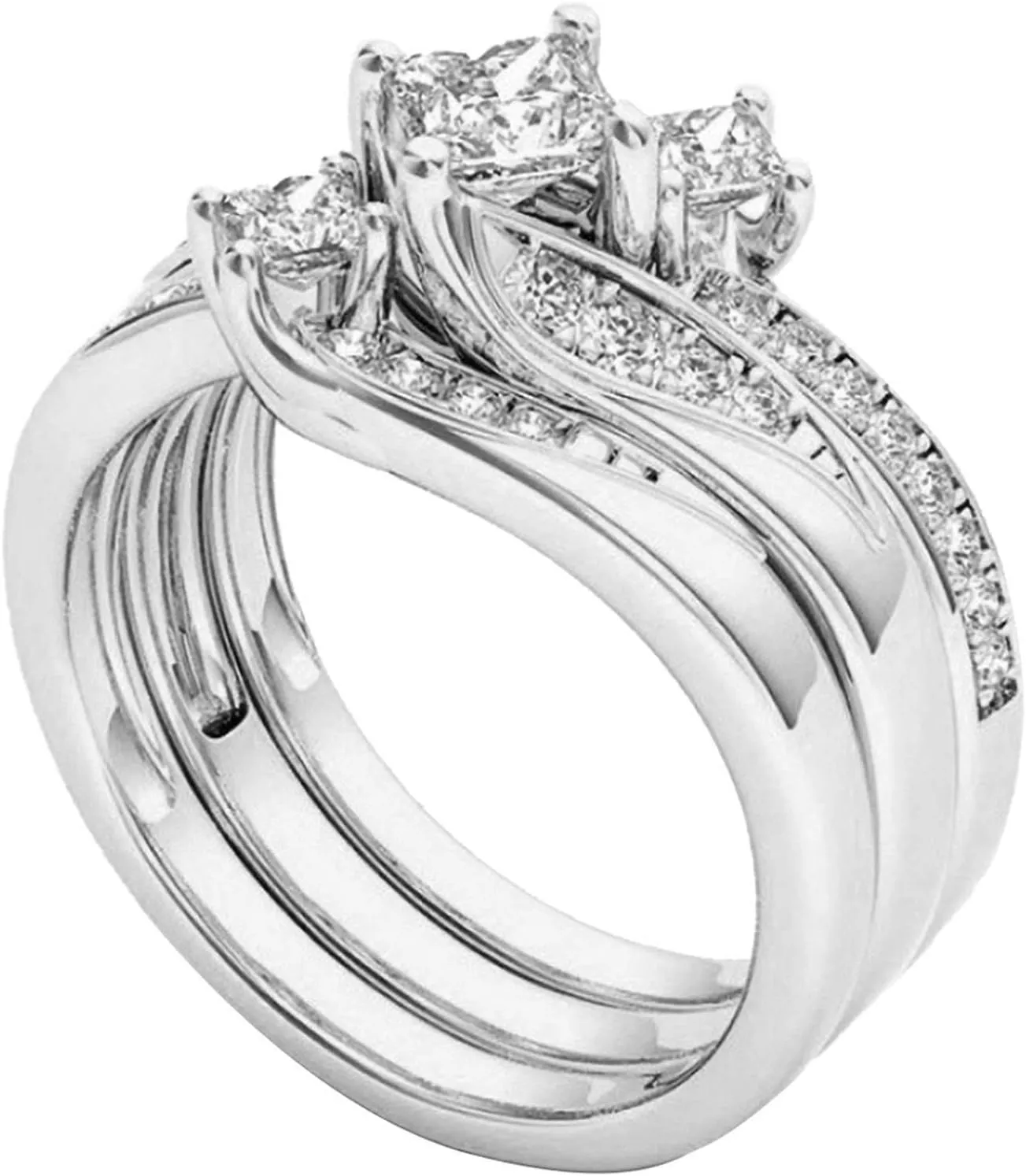 Women's Square Engagement Bridal Ring Set Gold Princess Cut 3 Stone Ring Simulation Diamond Ladies Matching Band