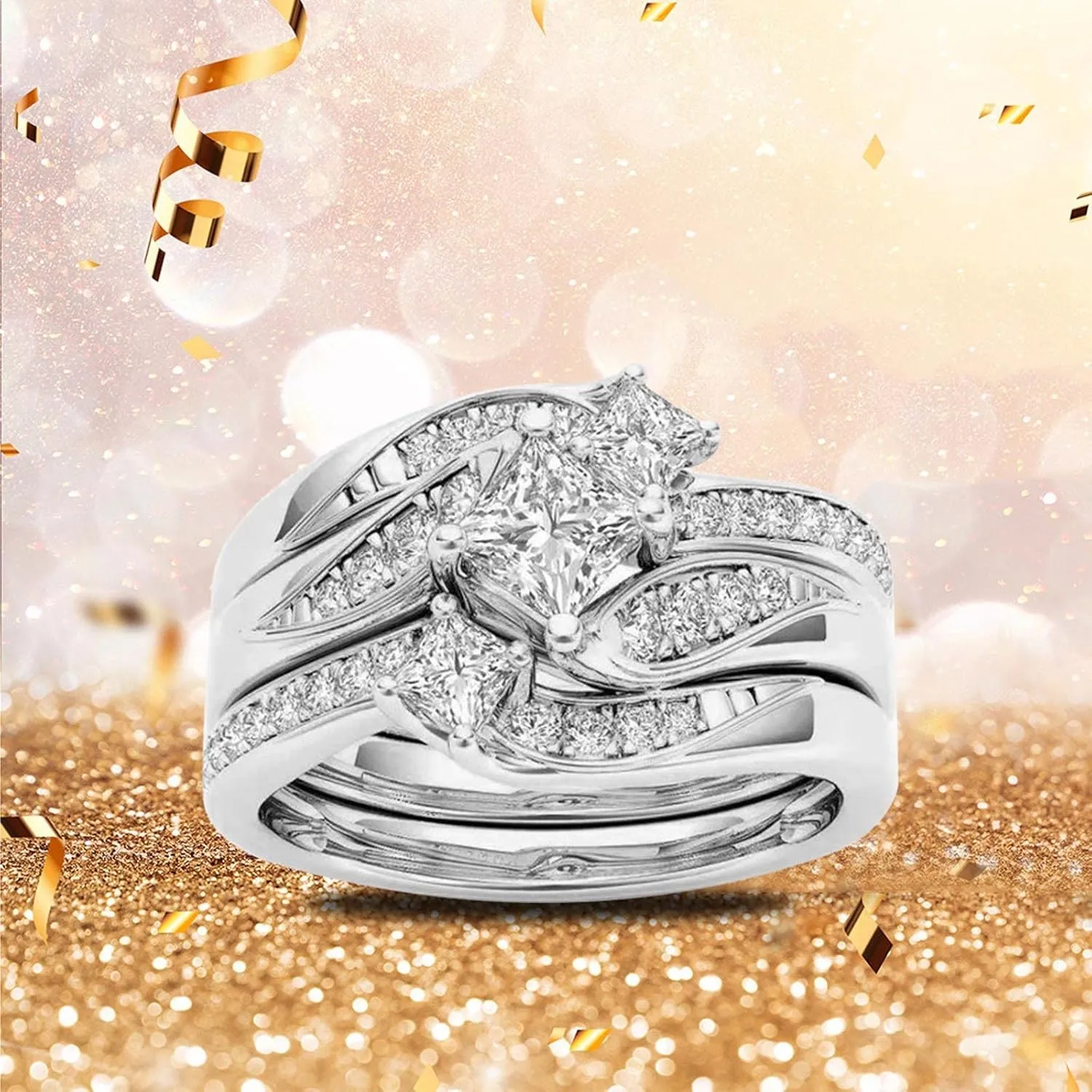 Women's Square Engagement Bridal Ring Set Gold Princess Cut 3 Stone Ring Simulation Diamond Ladies Matching Band