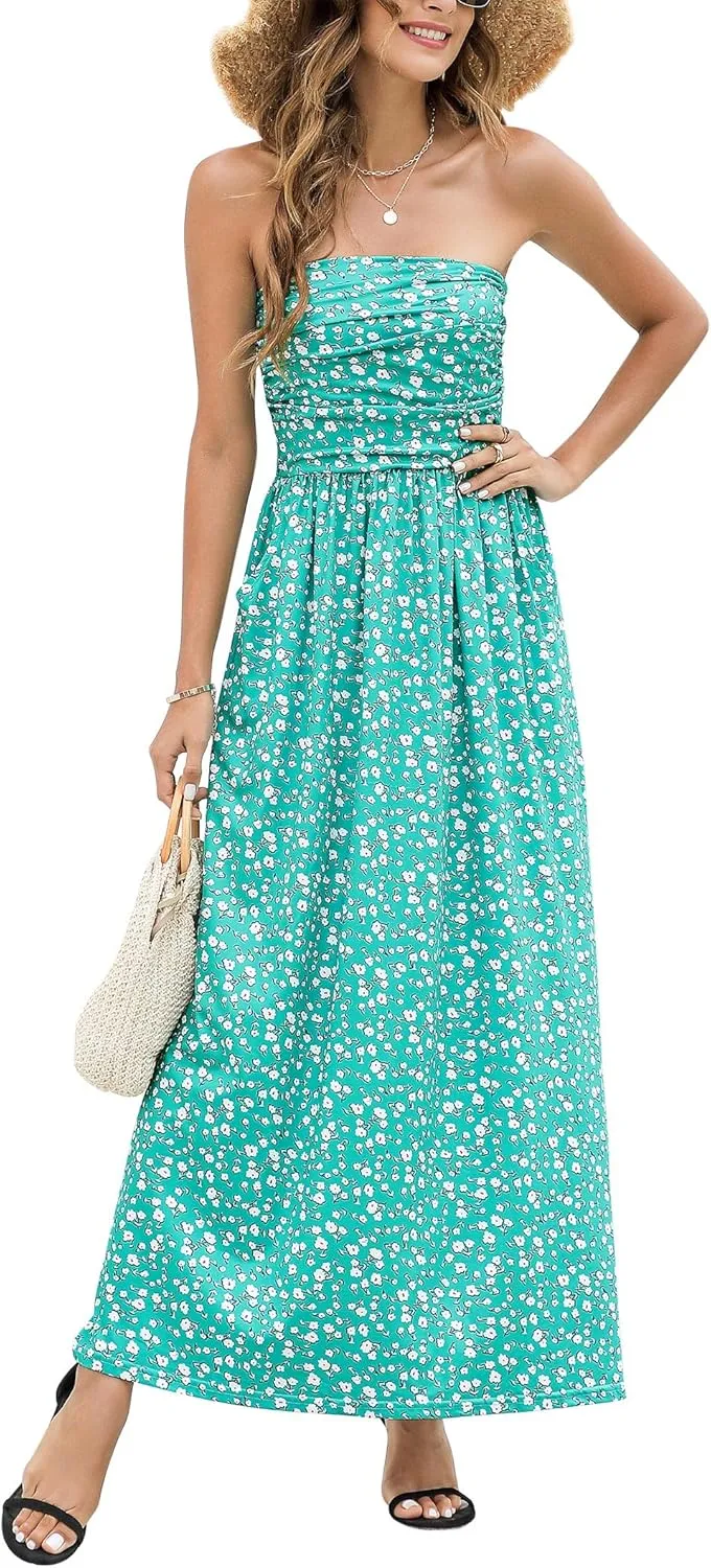 Womens Strapless Graceful Floral Party Maxi Dress