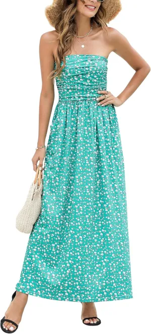 Womens Strapless Graceful Floral Party Maxi Dress