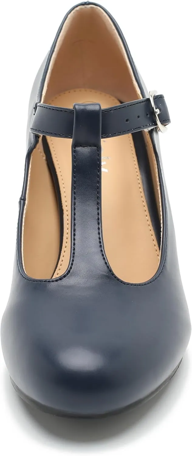 Women's T Strap Mary Jane Kitten Heel Pumps Round Toe Dress Office Work Shoes