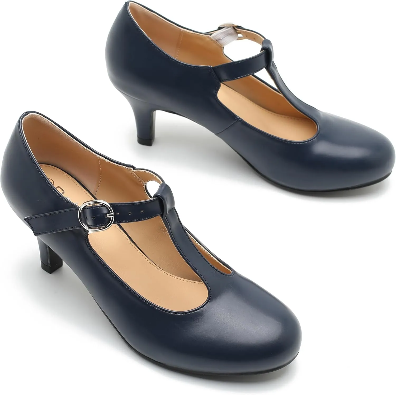 Women's T Strap Mary Jane Kitten Heel Pumps Round Toe Dress Office Work Shoes