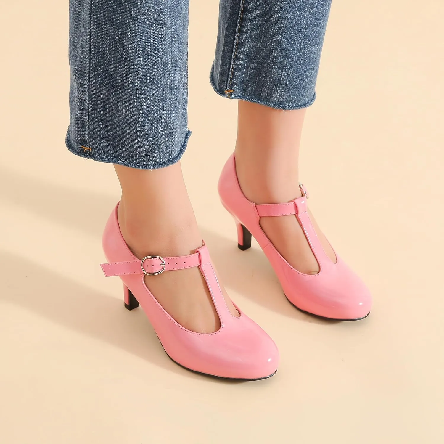Women's T Strap Mary Jane Kitten Heel Pumps Round Toe Dress Office Work Shoes