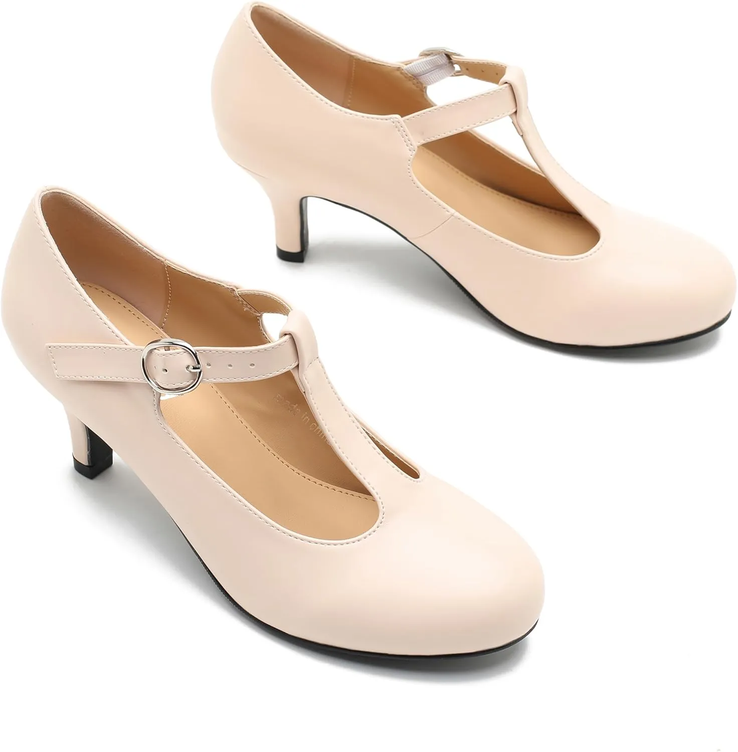 Women's T Strap Mary Jane Kitten Heel Pumps Round Toe Dress Office Work Shoes