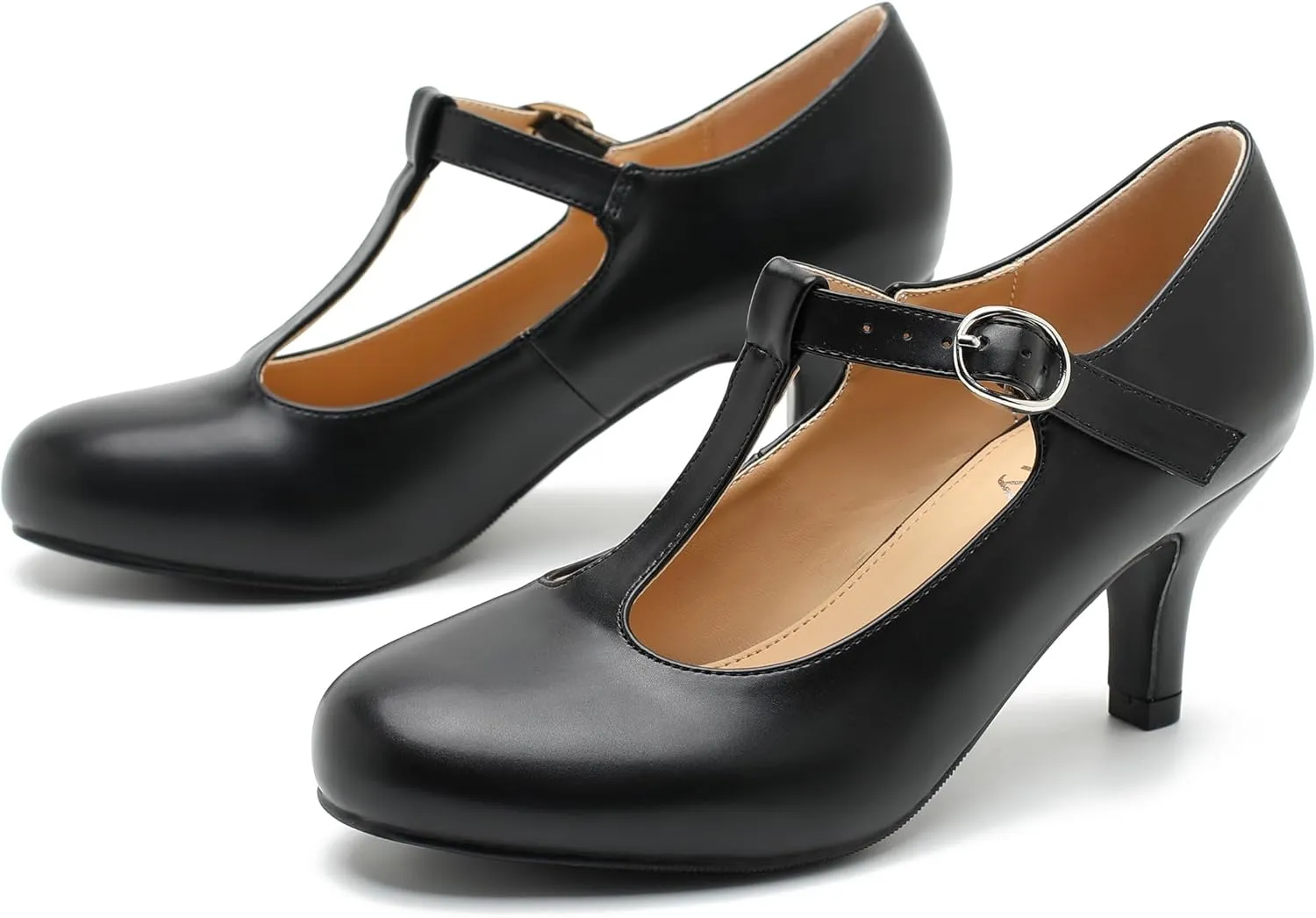 Women's T Strap Mary Jane Kitten Heel Pumps Round Toe Dress Office Work Shoes