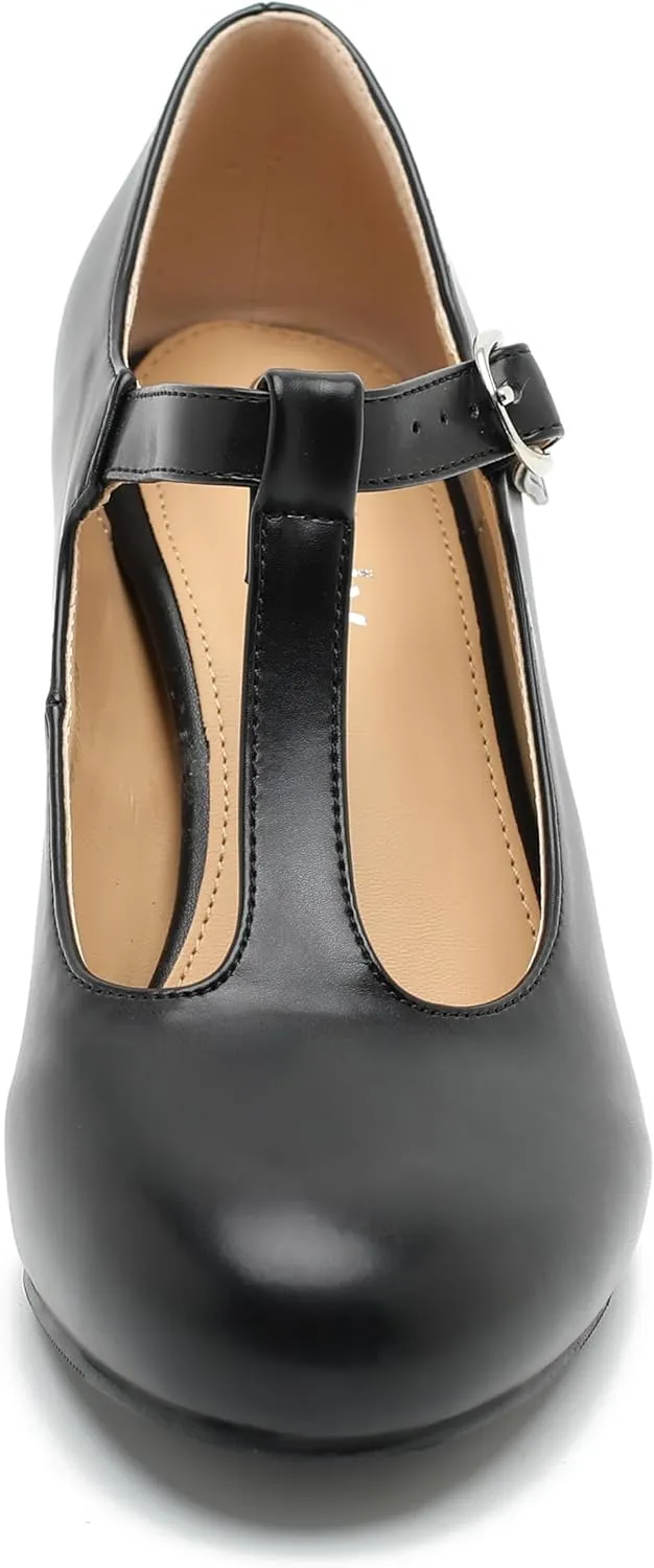 Women's T Strap Mary Jane Kitten Heel Pumps Round Toe Dress Office Work Shoes