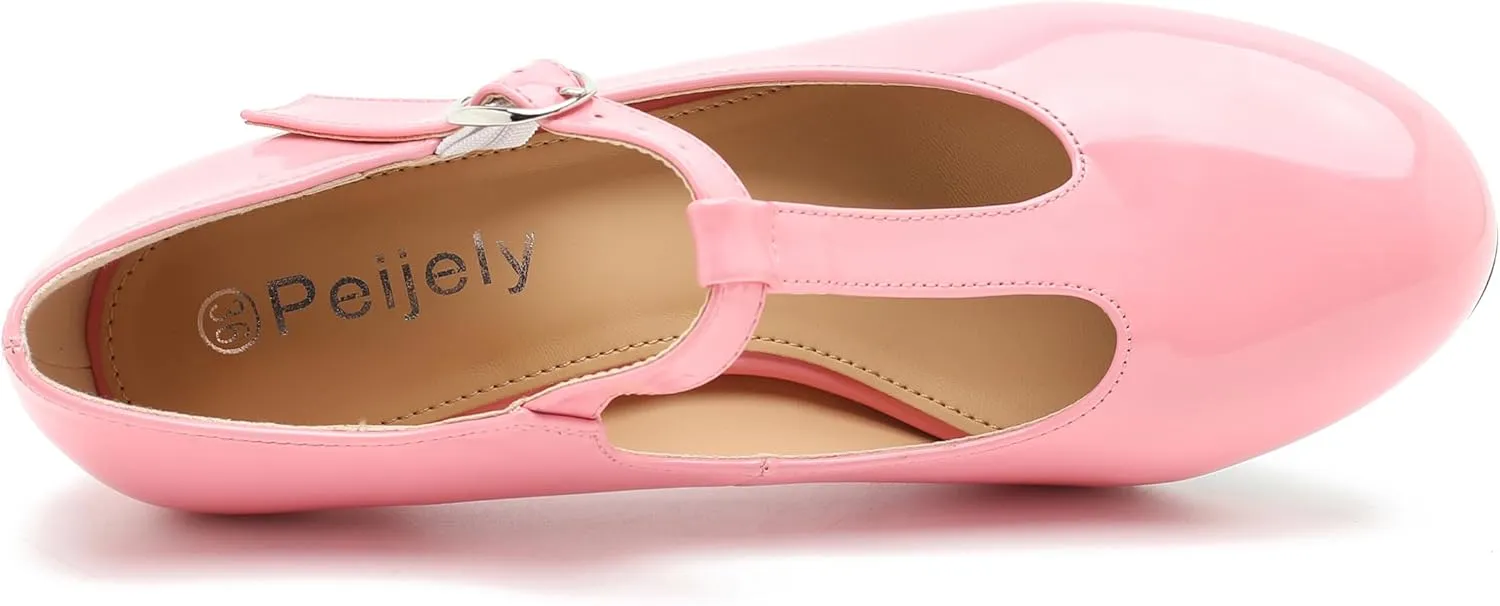 Women's T Strap Mary Jane Kitten Heel Pumps Round Toe Dress Office Work Shoes