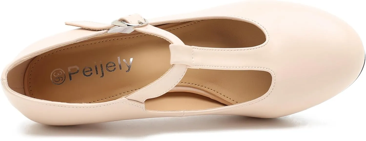 Women's T Strap Mary Jane Kitten Heel Pumps Round Toe Dress Office Work Shoes