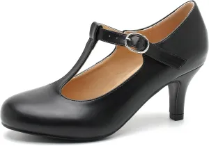 Women's T Strap Mary Jane Kitten Heel Pumps Round Toe Dress Office Work Shoes