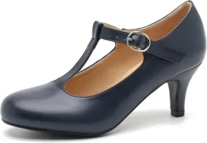 Women's T Strap Mary Jane Kitten Heel Pumps Round Toe Dress Office Work Shoes