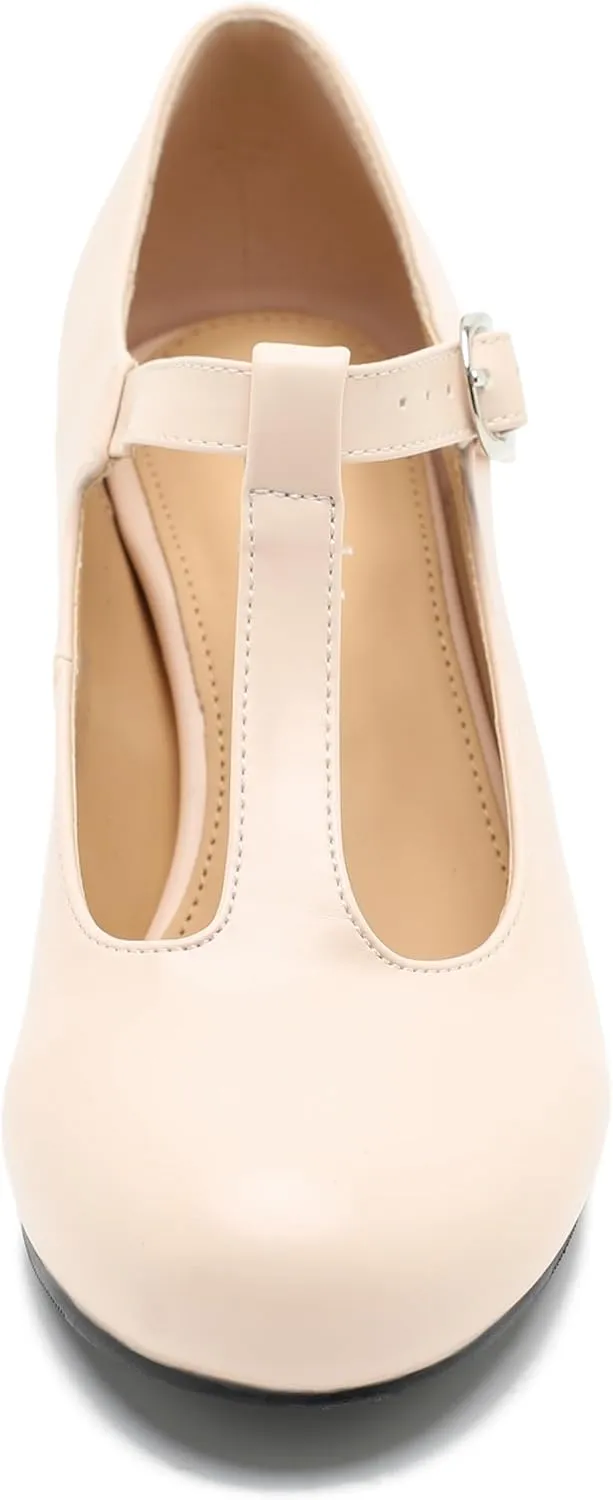 Women's T Strap Mary Jane Kitten Heel Pumps Round Toe Dress Office Work Shoes