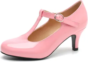 Women's T Strap Mary Jane Kitten Heel Pumps Round Toe Dress Office Work Shoes