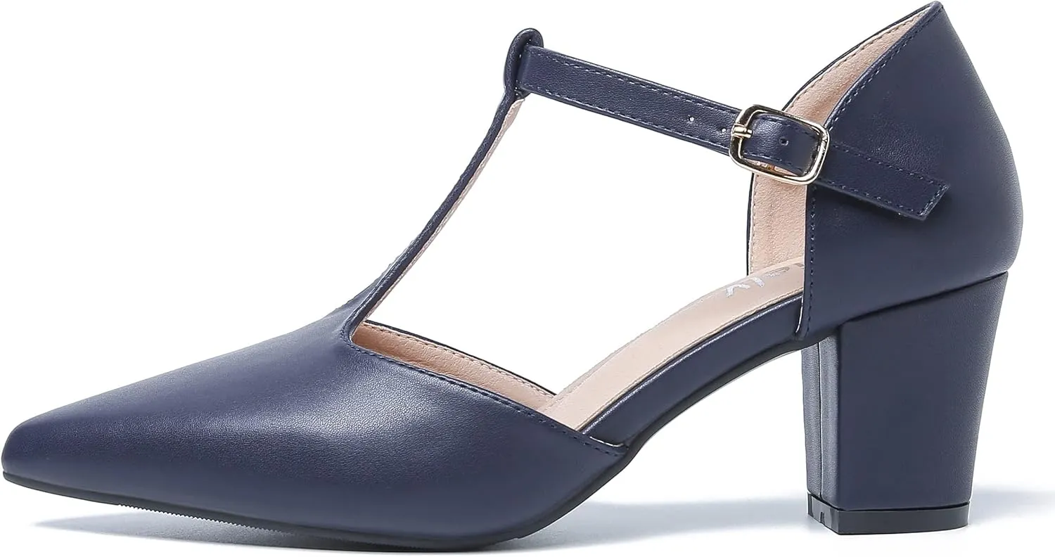 Womens T Strap Mary Jane Shoes Chunky Block Heel Pointed Toe Ankle Strap Buckle Dress Pumps