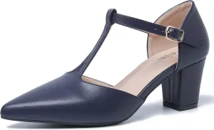Womens T Strap Mary Jane Shoes Chunky Block Heel Pointed Toe Ankle Strap Buckle Dress Pumps