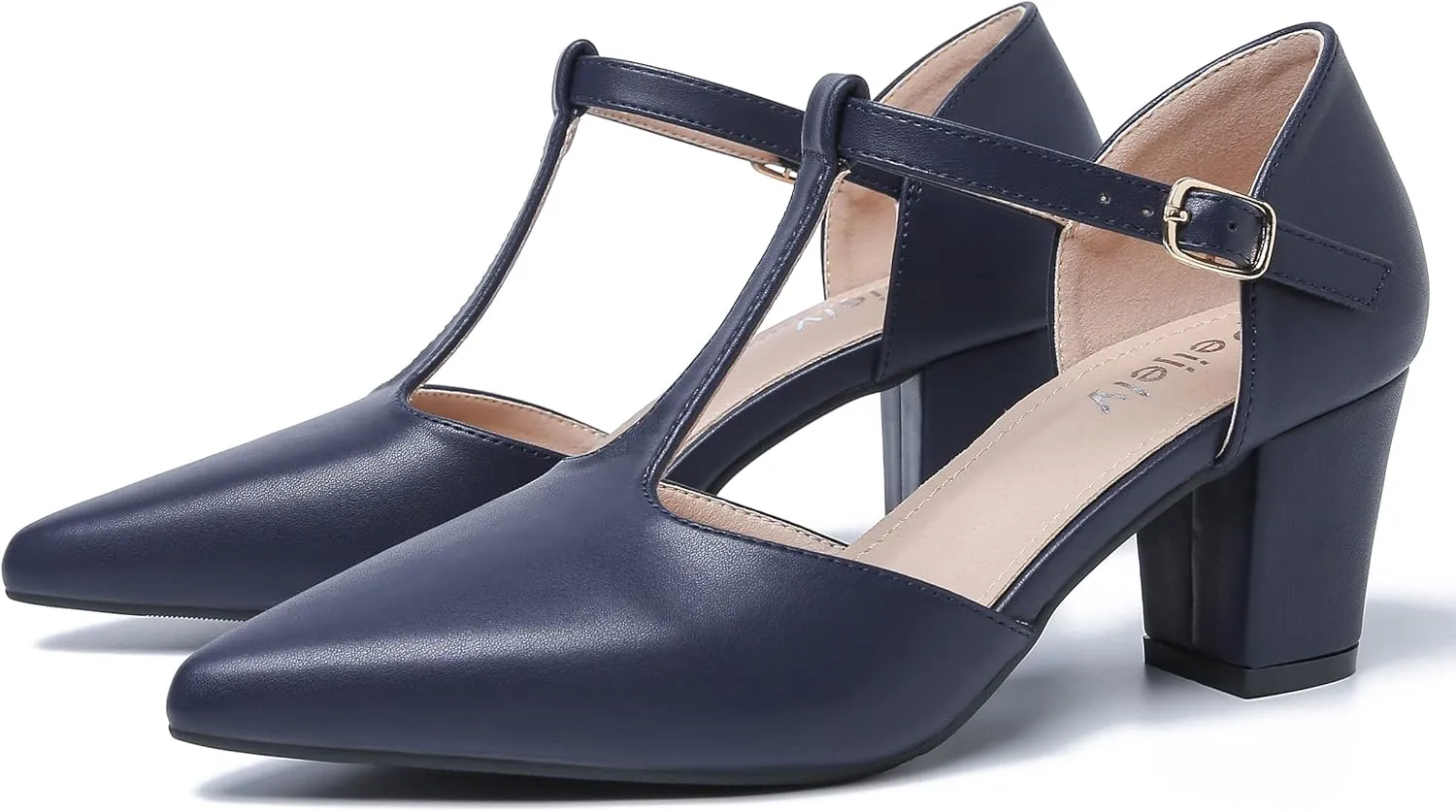 Womens T Strap Mary Jane Shoes Chunky Block Heel Pointed Toe Ankle Strap Buckle Dress Pumps