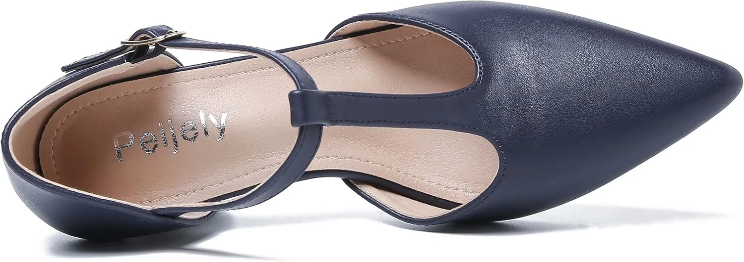 Womens T Strap Mary Jane Shoes Chunky Block Heel Pointed Toe Ankle Strap Buckle Dress Pumps