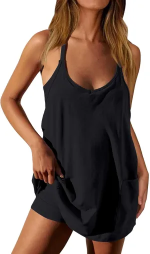 Womens Tennis Romper Dress Sleeveless Athletic Workout Dress with Built in Shorts Cute Mini Golf Dresses with Pockets