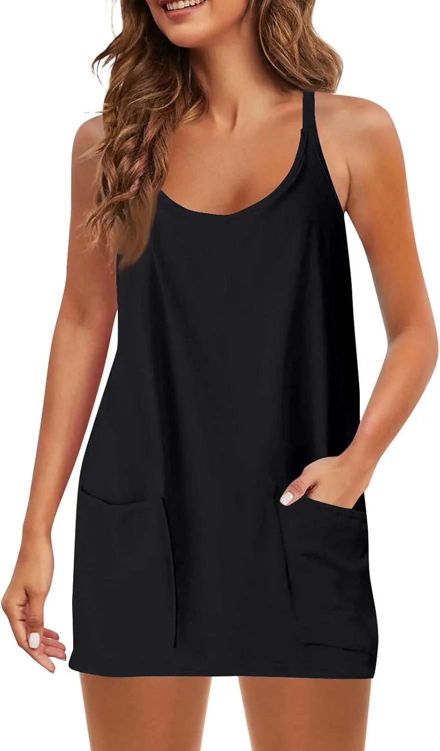 Womens Tennis Romper Dress Sleeveless Athletic Workout Dress with Built in Shorts Cute Mini Golf Dresses with Pockets