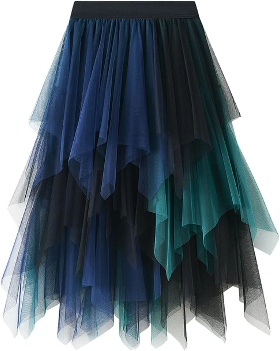 Women's Tulle Skirts Midi Long Fairy Skirt High Low Asymmetrical Hem Skirts Mesh Layered Tutu Skirt 2025 Fashion