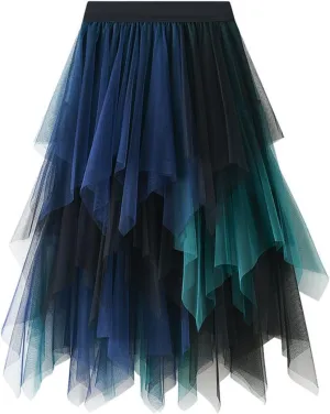 Women's Tulle Skirts Midi Long Fairy Skirt High Low Asymmetrical Hem Skirts Mesh Layered Tutu Skirt 2025 Fashion