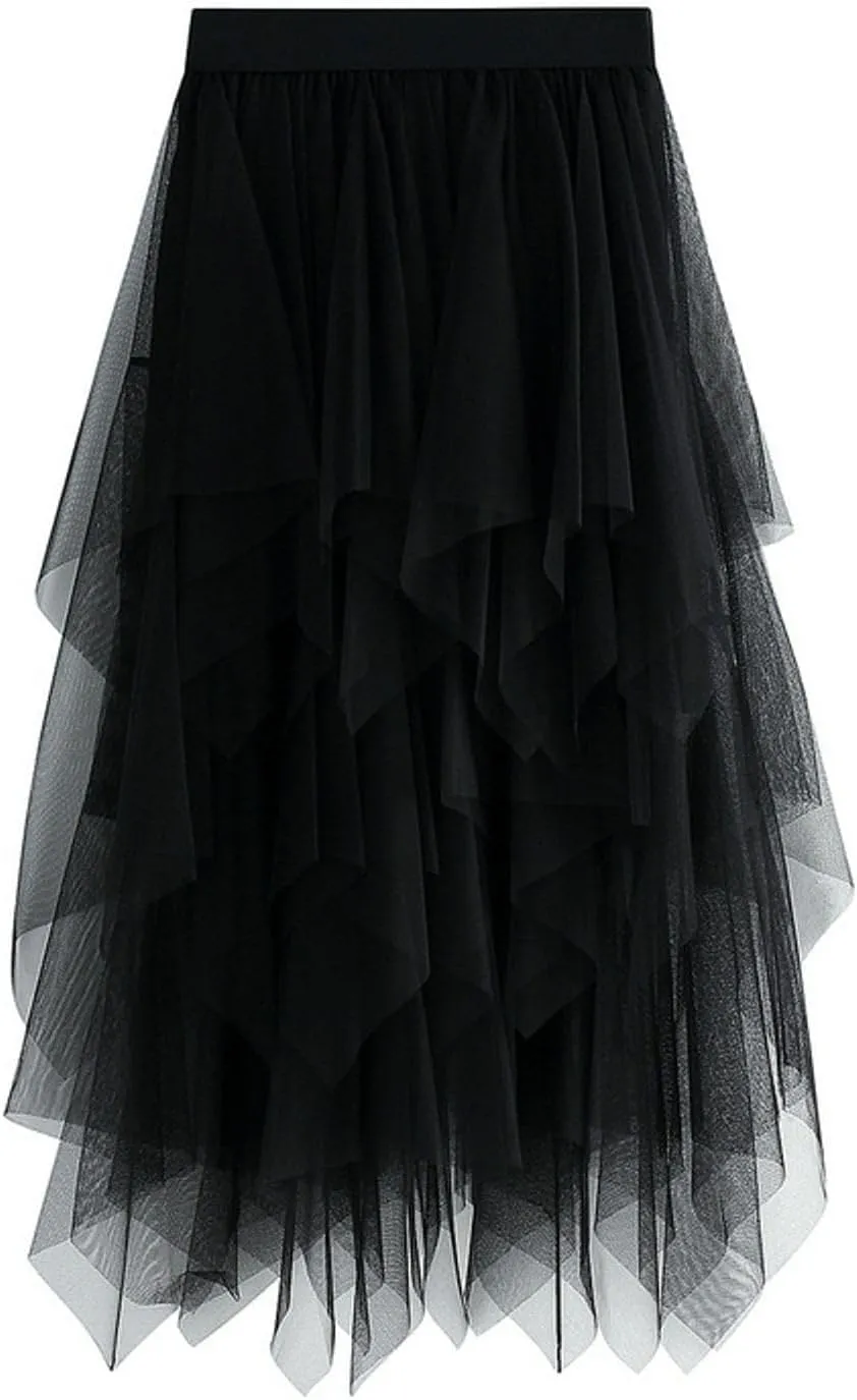 Women's Tulle Skirts Midi Long Fairy Skirt High Low Asymmetrical Hem Skirts Mesh Layered Tutu Skirt 2025 Fashion
