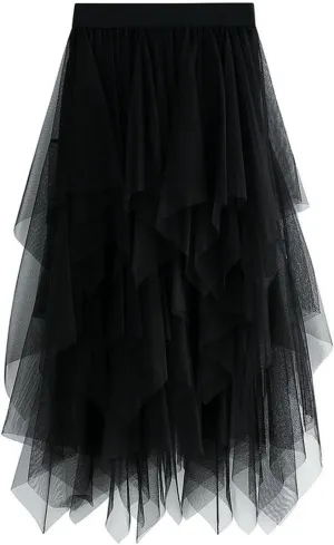 Women's Tulle Skirts Midi Long Fairy Skirt High Low Asymmetrical Hem Skirts Mesh Layered Tutu Skirt 2025 Fashion