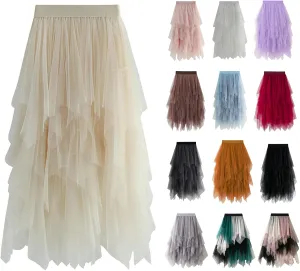 Women's Tulle Skirts Midi Long Fairy Skirt High Low Asymmetrical Hem Skirts Mesh Layered Tutu Skirt 2025 Fashion