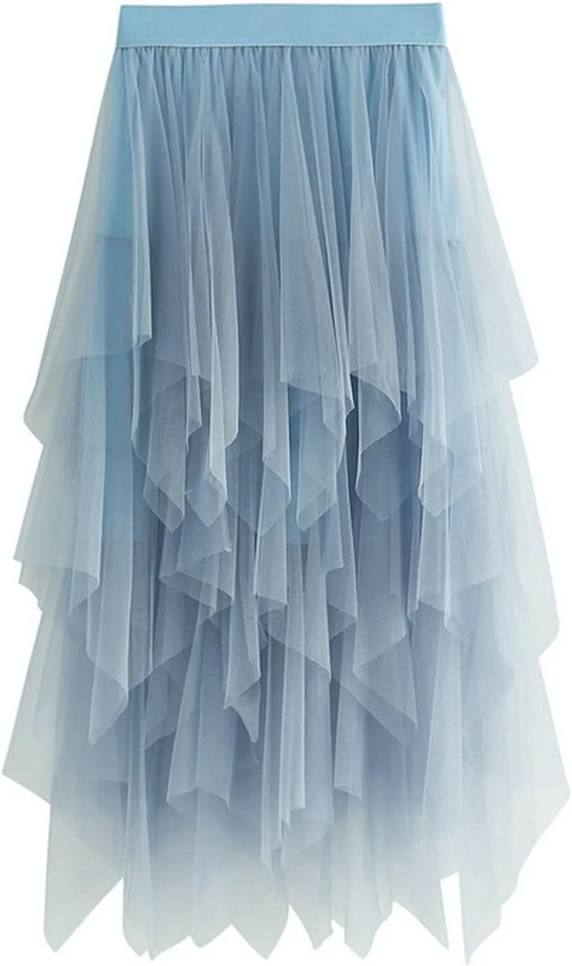 Women's Tulle Skirts Midi Long Fairy Skirt High Low Asymmetrical Hem Skirts Mesh Layered Tutu Skirt 2025 Fashion