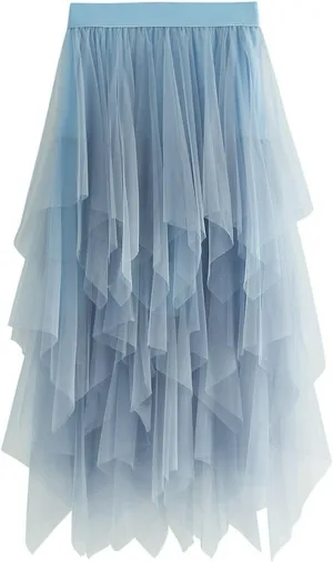 Women's Tulle Skirts Midi Long Fairy Skirt High Low Asymmetrical Hem Skirts Mesh Layered Tutu Skirt 2025 Fashion