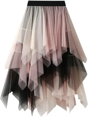 Women's Tulle Skirts Midi Long Fairy Skirt High Low Asymmetrical Hem Skirts Mesh Layered Tutu Skirt 2025 Fashion